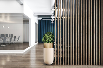 Dark wooden slatted partiton in stylish office area with workspace on a podium behind a glass wall - obrazy, fototapety, plakaty