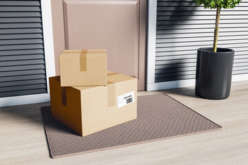 Cardboard boxes at modern house entrance. Online delivery and purchase concept. 3D Rendering.