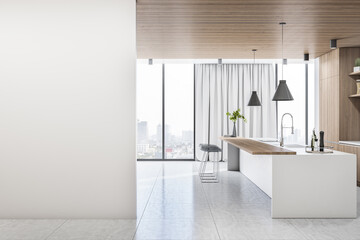 Bright wood and concrete kitchen interior with empty mock up place on wall, island, appliances and window with city view and daylight. 3D Rendering.