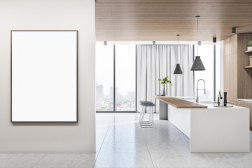 Bright wood and concrete kitchen interior with empty banner on wall, island, appliances and window with city view and daylight. Mock up, 3D Rendering.
