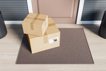 Cardboard boxes at modern house entrance. Online delivery and buy concept. 3D Rendering.