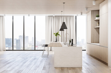Bright wood and concrete kitchen interior with island, appliances and window with city view and...