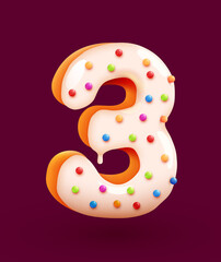 Glazed donut font. Number 3. Number three cake. Dessert style. Collection of tasty bakery numbers with cream. Anniversary and birthday concept.