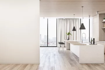 Fotobehang Modern wood and concrete kitchen interior with empty mock up place on wall, island, appliances and window with city view and daylight. 3D Rendering. © Who is Danny