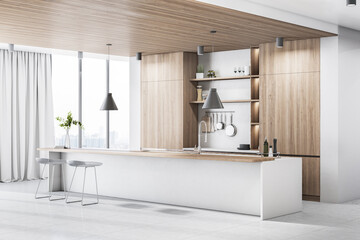 Wood and concrete kitchen interior with island, appliances and window with city view and daylight. 3D Rendering.