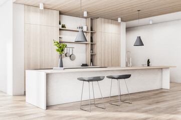 Modern wood and concrete kitchen interior with island, appliances and daylight. 3D Rendering.