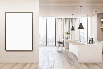 Modern wood and concrete kitchen interior with empty poster on wall, island, appliances and window with city view and daylight. Mock up, 3D Rendering.