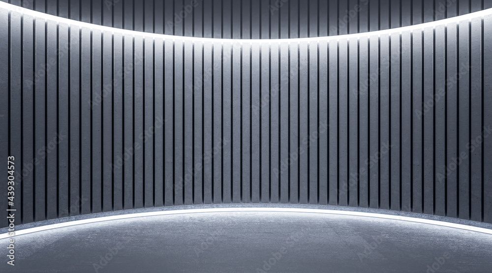 Poster stylish hall space with slatted illuminated wall and blank floor for car presentation. 3d rendering,