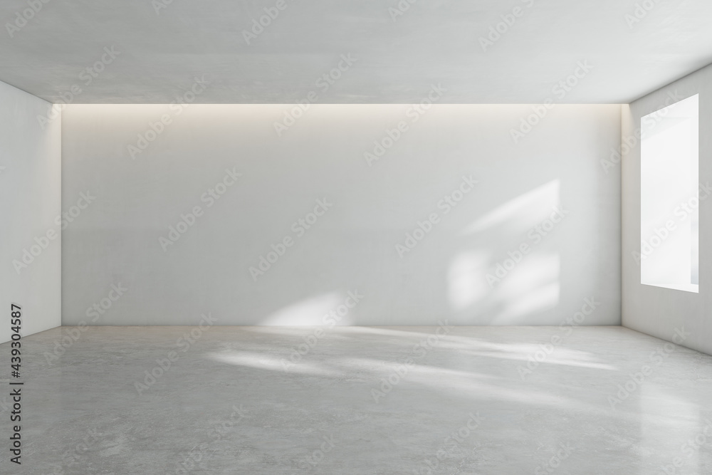 Poster sunny spacious hall room with blank wall, light glossy concrete floor and window. 3d rendering, mock