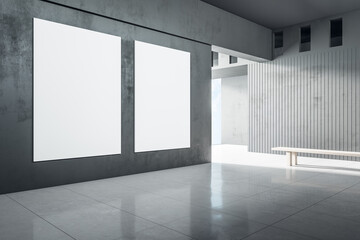 Modern concrete interior with sunlight and empty wall mockup place. Exhibition, art and...
