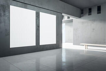 Modern concrete interior with sunlight and empty wall mockup place. Exhibition, art and advertisement concept. 3D Rendering.