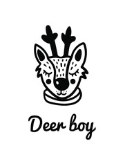 Deer boy, a hand-drawn head of a cute deer boy, a forest kid head with a turtleneck, a cute animal character, black and white, funny card 
