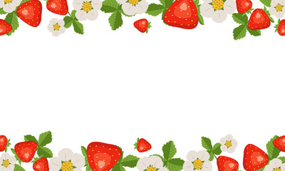 Frame with strawberries, leaves and flowers on a white background. Bright fruit square pattern. Summer food banner