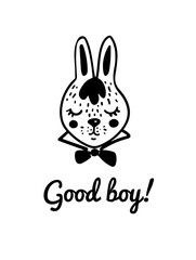 Good boy doodle illustration, cute rabbit with a bow, hand-drawn character of a forest animal, little neat hare boy, funny cartoon, sweet bunny kid.