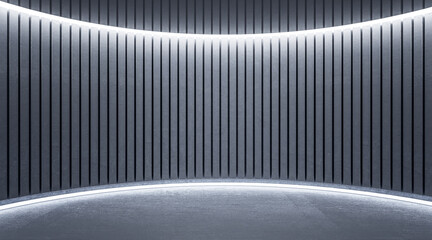 Stylish hall space with slatted illuminated wall and blank floor for car presentation. 3D rendering, mockup
