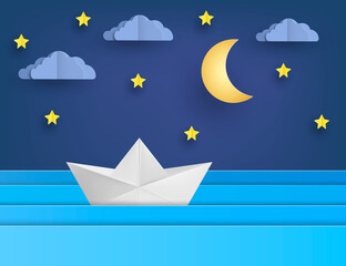 Obraz premium Origami boat sailing in blue ocean , paper art style. Vector illustration.