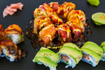 Japanese food. sushi. seafood fabrics. Japanese culture. White background.  plate of Japanese traditional cuisine, sushi. wonderful and delicious food. asian food and cuisine 