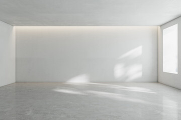 Sunny spacious hall room with blank wall, light glossy concrete floor and window. 3D rendering,...