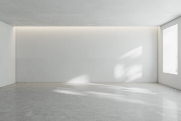 Sunny spacious hall room with blank wall, light glossy concrete floor and window. 3D rendering, mock up
