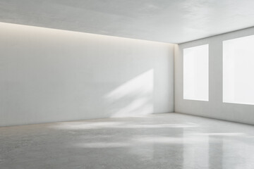 Blank light wall in sunny spacious empty room with big windows and concrete floor. 3D rendering,...