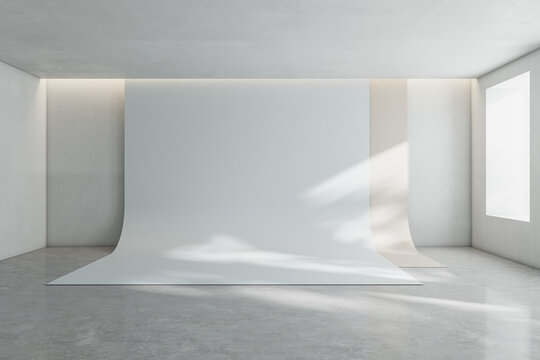 Sunny photo studio light shades interior design and white blank vinyl backdrop. 3D rendering, mockup