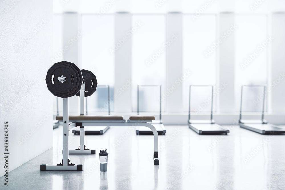 Poster modern gym interior with empty mockup space, equipment and daylight. mock up, 3d rendering.