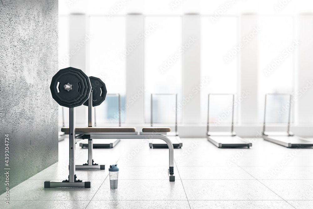 Poster concrete gym interior with empty mockup space, equipment and daylight. mock up, 3d rendering.