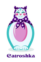 Text: Catroshka, a bland word of a cat and Matroshka, Russian doll in a shape of a cat, a fat cat doll in Russian style, a funny cute cat cartoon, Slavic grandma kitty, fantasy kitty charachter 