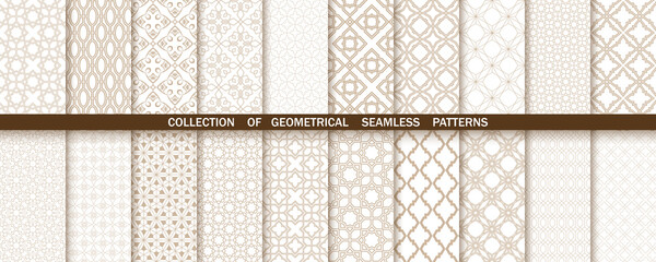 Geometric collection of beige and white patterns. Seamless vector backgrounds. Simple graphics - obrazy, fototapety, plakaty