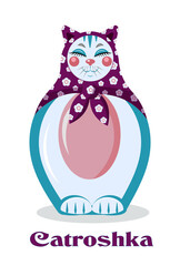 Text: Catroshka, a bland word of a cat and Matroshka, Russian doll in a shape of a cat, a fat cat doll in Russian style, a funny cute cat cartoon, Slavic grandma kitty, fantasy kitty charachter 