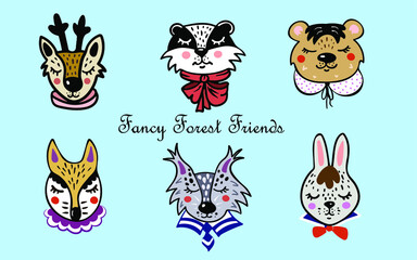 Cute forest animals, fancy forest friends collection of hand-drawn animals, animal heads with collars, colored doodle illustration, neat looking  deer, fox, lynx, hare, badger, bear cartoons