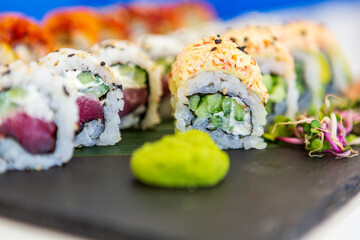 Japanese food. sushi. seafood fabrics. Japanese culture. White background.  plate of Japanese traditional cuisine, sushi. wonderful and delicious food. asian food and cuisine 