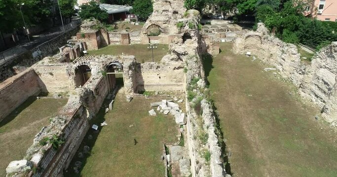 4k Footage over Roman ruins. The Old Roman Baths of Odessos, Varna. Varna is the sea capital of Bulgaria.
