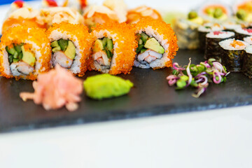 Japanese food. sushi. seafood fabrics. Japanese culture. White background.  plate of Japanese traditional cuisine, sushi. wonderful and delicious food. asian food and cuisine 