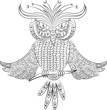 black and white zentangle with owl patterns