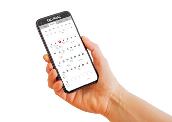 Person holding phone with calendar app on the screen