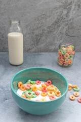 Breakfast with colored cereal served in a bowl
