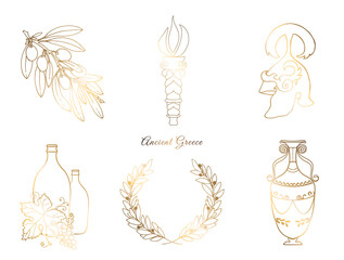 Ancient greece items set. Golden olive branch and vase. Warrior helmet and Olympic torch. Grapes with bottles of wine. Gold laurel wreath. Mythic, ancient Greek and Roman styles. Vector elements
