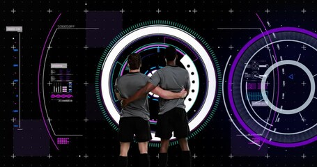 Animation of two rugby players embracing with scope scanning and data processing