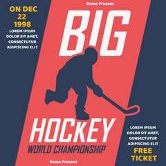 poster design big hockey championship with hockey player holding the stick flat illustration