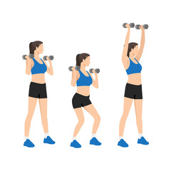 Fototapeta na wymiar Woman doing Dumbbell push press exercise. Flat vector illustration isolated on white background