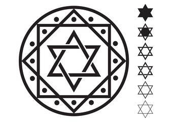 Jewish Star of David Six-pointed star vector icons. Shield of David, or Star of David, or Seal of Solomon, Hebrew hexagram. Traditional Jewish sign. Two Triangles are tied to each other