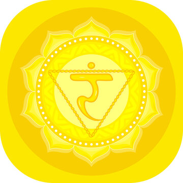 The third chakra of Manipur. Solar Plexus Chakra with Hindu Sanskrit. Yellow is a flat symbol of meditation, yoga. Vector