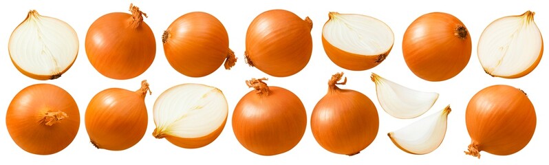 Onion set isolated on white background. Whole bulbs and pieces.