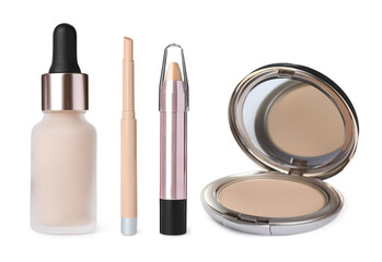 Set with different decorative cosmetic products on white background