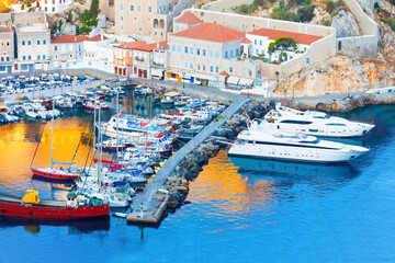 Wide view of hydras island main port in Greece in Saronikos Gulf - 439311357