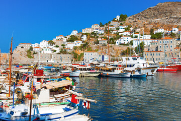 Wide view of Boats in row Hydra Island at Saronikos Gulf in Greece - 439311795