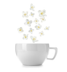 Beautiful jasmine flowers falling into cup of hot freshly brewed tea on white background
