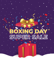 Boxing day sale with red gift box. Boxing day design with  red gift box Christmas present on falling snow background. Vector Boxing Day sale banner with gift box.
