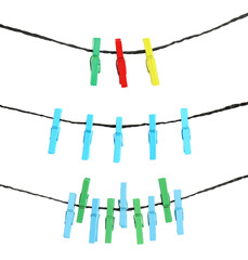 Many colorful wooden clothespins on rope against white background, collage